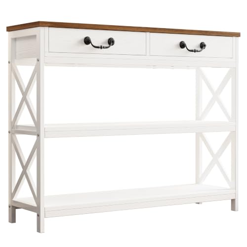 IRONCK 39.4" Farmhouse Console Table with Storage, White/Walnut | Narrow Entryway Table with 2 Drawers & 2 Shelves, Industrial Wood Sofa Table for Living Room/Hallway - size: 39.4inch