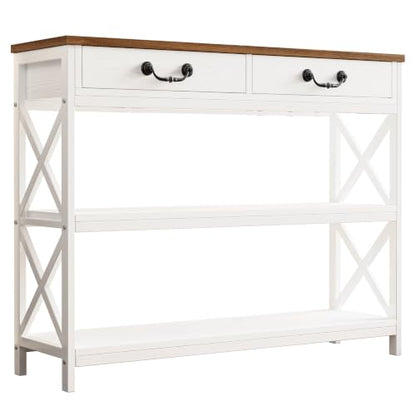 IRONCK 39.4" Farmhouse Console Table with Storage, White/Walnut | Narrow Entryway Table with 2 Drawers & 2 Shelves, Industrial Wood Sofa Table for Living Room/Hallway - size: 39.4inch