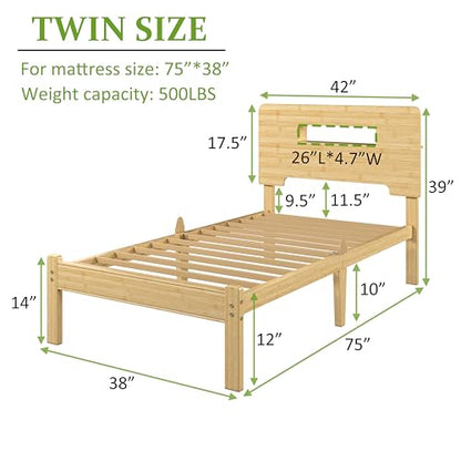 12 Inch Bamboo Platform Bed Frame Twin Size, Sturdy Bed Frame with Bamboo Frame & Iron Slats, Noise-Free Mattress Foundation No Box Spring Needed, Easy Assembly - color: Natural, size: Twin, style: 12 INCH