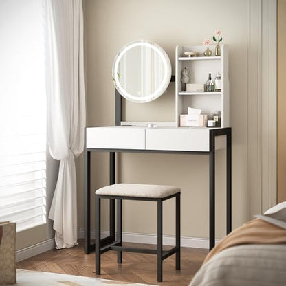Small Vanity Desk with Mirror and Lights, Makeup Vanity Table with LED Mirror, 3 Lighting Modes, Power Outlet, Drawer, Open Shelves and Cushioned Stool for Bedroom (Black) - color: Black