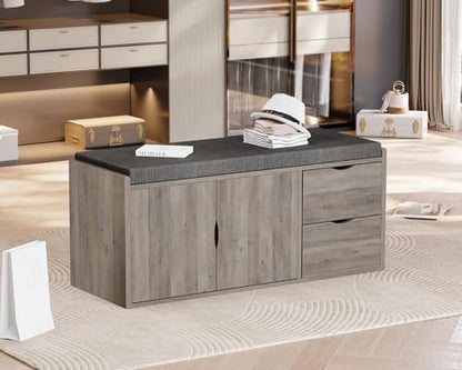 LVB 2-Tier Storage Bench with Padded Cushion, Entryway Bench with 2 Drawers | 2 Barn Doors & Adjustable Shelf, Industrial Style for Foyer, Bedroom, Living Room, Greige, 40 Inch - color: Greige