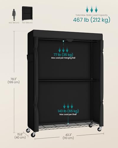 SONGMICS Heavy-Duty Rolling Clothes Rack, Garment Rack, Portable Closet on Wheels, with Adjustable Mesh Shelves and Hanging Rails, Fabric Cover, 15.8 x 43.3 x 78.3 Inches, Ink Black ULGR419BH01 - size: 43.3"W-With Fabric Cover