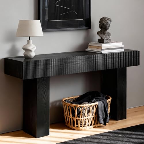 ZYBT 56" Long Fluted Console Table, Boho Vanity Desk Wooden Narrow Sofa Table Behind The Couch, Farmhouse Entryway Table for Entrance, Hallway,Living Room,Bedroom, Home Office Black - color: Black