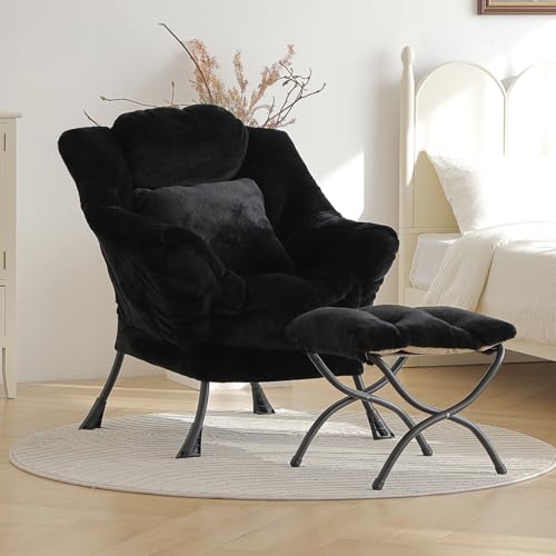 Lazy Chair with Ottoman, Plush Reading Chair with Pillow，Black | Removable machine-washable cover; includes an extra throw pillow; cozy accent chair for living room, bedroom, dorm or office - color: Plush Black-1