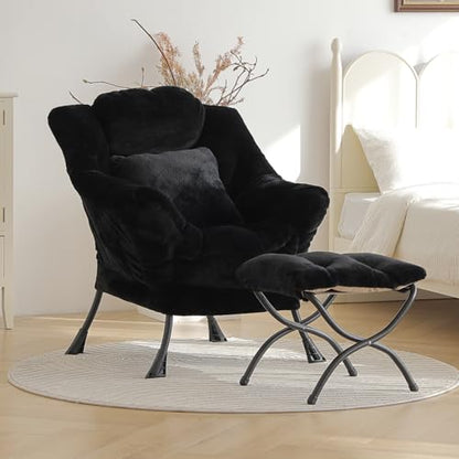 Lazy Chair with Ottoman, Plush Reading Chair with Pillow，Black | Removable machine-washable cover; includes an extra throw pillow; cozy accent chair for living room, bedroom, dorm or office - color: Plush Black-1