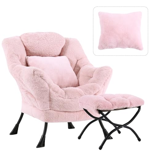 Lazy Chair with Ottoman, Plush Reading Chair with Pillow，Pink | Removable machine-washable cover; includes an extra throw pillow; cozy accent chair for living room, bedroom, dorm or office - color: Plush Cotton Candy Pink