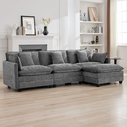 111'' Sectional Cloud Deep Seat Couch, Modern Comfy Chenille L Shaped Sectional Sofa for Living Room Set, Upholstered Modular 4-Seats Sofa Couch with 1 Movable Ottoman, Grey - color: Grey, size: 111'' L Shape