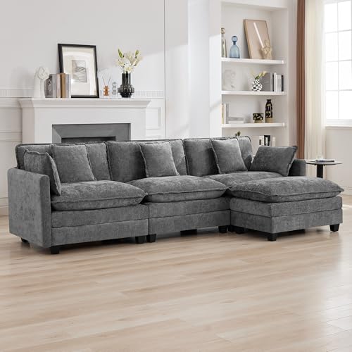111'' Sectional Cloud Deep Seat Couch, Modern Comfy Chenille L Shaped Sectional Sofa for Living Room Set, Upholstered Modular 4-Seats Sofa Couch with 1 Movable Ottoman, Grey - color: Grey, size: 111'' L Shape