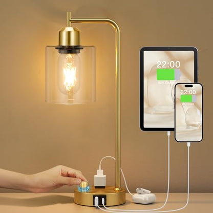 Innqoo Gold Table Lamp for Bedroom - Industrial Bedside Lamp with USB Port and Outlet, Fully Dimmable Nightstand Lamp with Clear Glass Shade, Small Desk Lamps for Home Office - color: Gold Base&Clear Shade
