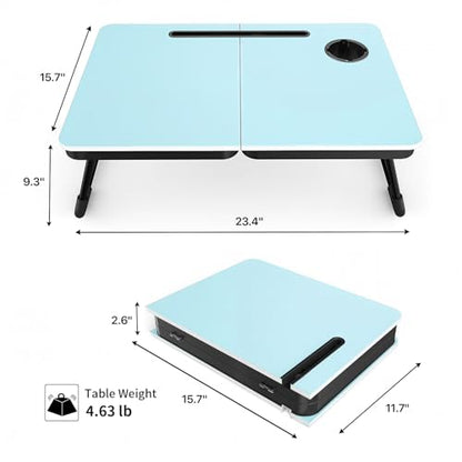 BUYIFY 23.4" Foldable Lap Desk Bed Table with Cup Holder Tray Blue | Portable Folds Flat for Easy Storage, No Assembly Laptop Bed Desk, Sturdy and Lightweight, Patent Design - color: Blue