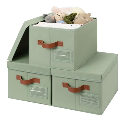 GRANNY SAYS Storage Bins with Lids, Decorative Storage Boxes with Lids | Storage Box with Dust Cover, Handles & Lable, Collapsible, Ideal for Closet Clothes Blanket Toys, Medium, Green&Brown, 3-Pack - color: Green&Brown, size: Medium