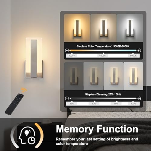 KARTOOSH Battery Operated Modern Wall Sconce Set of Two, Nickel | Rechargeable Wireless Wall Light with Remote Control, Dimmable 3 CCT, Timer, Night Mode, for Hallway, Bedroom, Living Room - color: Nickel