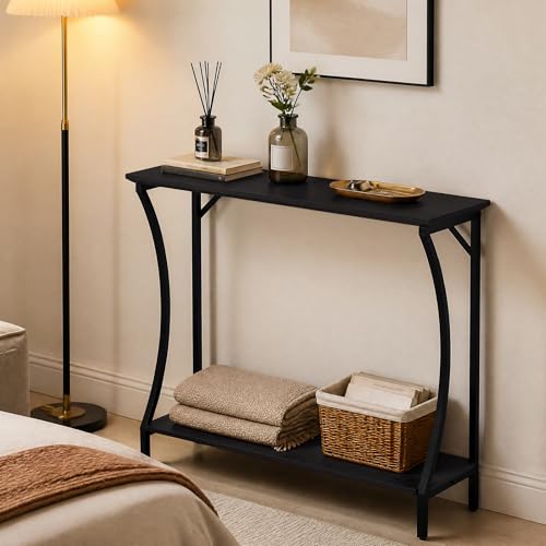 ARTPOWER Console Table with Built-in Power Outlets, Wood Narrow Behind Couch Sofa Table with Charging Station, Skinny Entryway Table with Open Shelf for Living Room, Hallway, Foyer,Set of 2, Black - color: Black, size: 2-packs