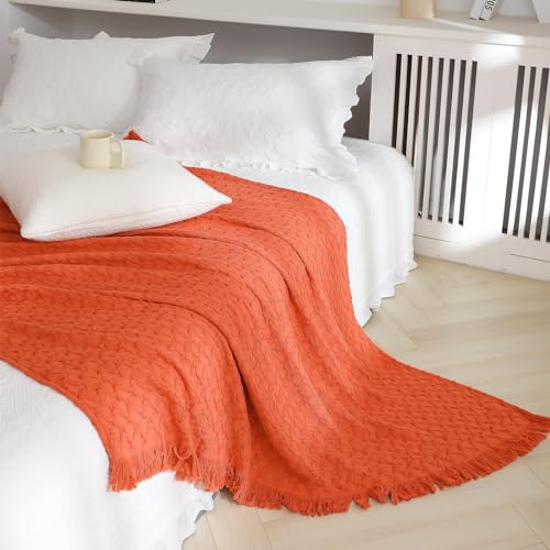 Simple&Opulence 100% Cotton Throw Blanket for Couch, Bed, Waffle Weave Knit Blanket with Tassels, Soft Lightweight Pre-Washed Breathable Comfy Blanket Farmhouse Decor for All-Season(Red) - color: B-red