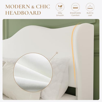 SHA CERLIN Queen Size Bed Frame with Curved Wingback Headboard,Soft White | Modern Luxury Design Velvet Platform Bed with Sturdy Wooden Slats,Noise-Free, No Box Spring Needed, Easy Assembly - color: Soft White, size: Queen