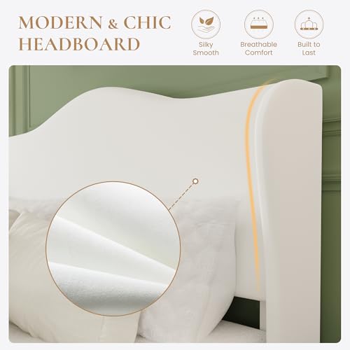 HA CERLIN King Size Bed Frame with Curved Wingback Headboard,Soft White | Modern Luxury Design Velvet Platform Bed with Sturdy Wooden Slats,Noise-Free, No Box Spring Needed, Easy Assembly - color: Soft White, size: King