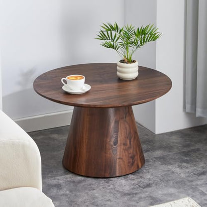 Walnut Coffee Table, 23.6" Small Coffee Table, Natural Wood Grain Round Tabletop with Wooden Cone Base, Round Living Room Table with Adjustable Feet, Mid Century Center Table for Apartment,Small Space - color: 23.6" Walnut Coffee Table