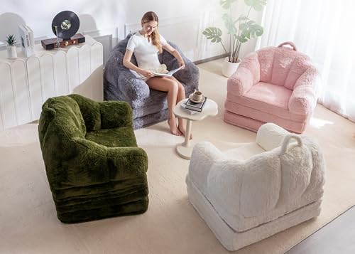 MAXYOYO Folding Sofa Bed, 2 in 1 Convertible Sofa to Lounger | Comfy Single Bean Bag Chair for Adults, Floor Couch with Handle, Faux Fur Couch Bed for Living Room Bedroom, Green - color: Green, size: Single