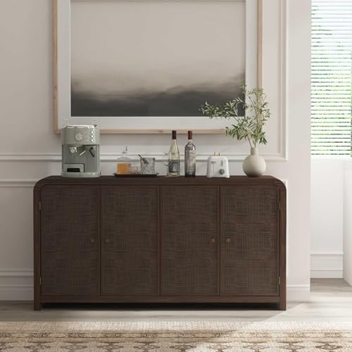 Oak&Sparrow Oak Rattan Sideboard Buffet Cabinet, 60'', 4 Doors | Boho Style, Adjustable Shelves, With Storage, For Living Room, Hallway & Kitchen - color: Dark Walnut