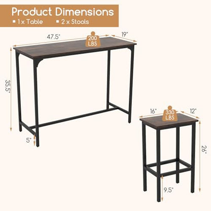 COSTWAY 3-Piece Dining Table Set, 47.5" Industrial Counter-Height Kitchen Table and 2 Bar Stools, High Top Rectangular Pub Table and Chairs for Dining Room Small Place Breakfast Nook Bistro (Coffee) | w/ 2 Bar Stools, High Top Rectangular Pub Table and Ch