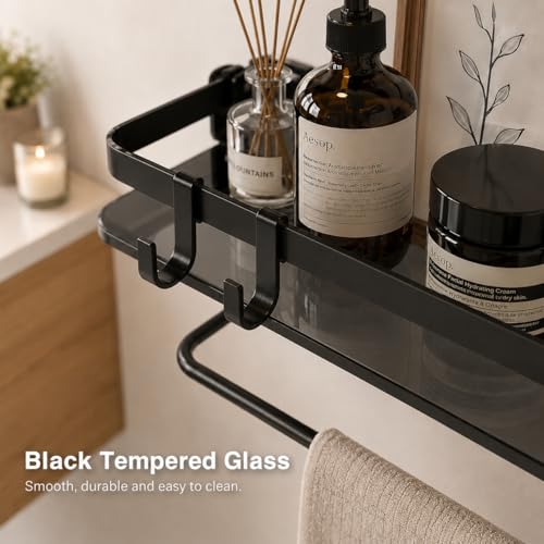 Glass Shelf for Bathroom 15.7 in Black Bathroom Shelves Wall Mounted Tempered Glass Shelving with 4 Removable Hooks (2 Tier) - color: Black