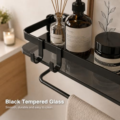 Glass Shelf for Bathroom 15.7 in Black Bathroom Shelves Wall Mounted Tempered Glass Shelving with 4 Removable Hooks (2 Tier) - color: Black