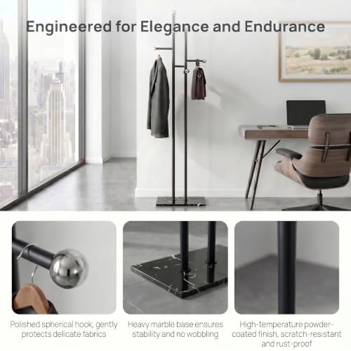 Heavy Duty Office Coat Rack Freestanding, Marble Base Metal | 1.0mm thickened iron tree with 8 stainless steel hooks. Anti-toppling heavy marble base for modern office & reception. - color: black
