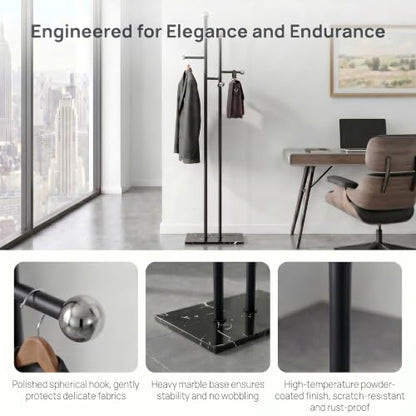 Heavy Duty Office Coat Rack Freestanding, Marble Base Metal | 1.0mm thickened iron tree with 8 stainless steel hooks. Anti-toppling heavy marble base for modern office & reception. - color: black