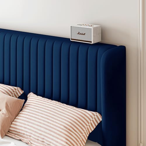 SHA CERLIN Full Size Velvet Bed Frame, Tufted Wingback Headboard, Blue | 47'' Modern Vertical Channel Headboard, Upholstered Platform Bed, Wood Slats, No Box Spring Needed, Easy Assembly, Noise Free - color: Blue, size: Full