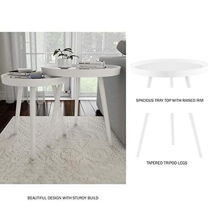 Nesting Side Tables - Set of 2 Round End Tables for Living Room, Bedroom, or Home Office - Accent Table Set with Tray Tops - Mid-Century Modern Living Room Furniture by Lavish Home (White)