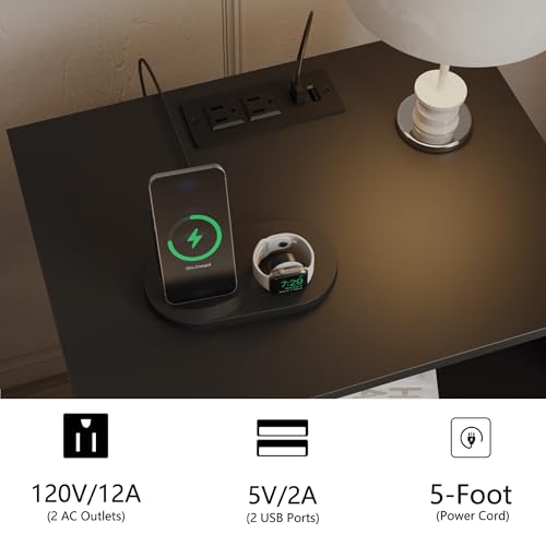 Rattan Nightstand with Charging Station,Farmhouse Bedside Table with 2 Storage Drawer and Open Wood Shelf, for Bedroom and Small Spaces,Night Stand with Solid Wood Legs (Black-Outlet) - color: Black-outlet