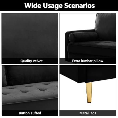 65" Love Seat Sofa, Velvet Small Sofa Small Couch for Bedroom Living Room, Bedroom, Loveseat with 2 Pillows, Gold Legs, Modern Tufted Seat Upholstered Seating for Office, Apartment (Black) - color: Black