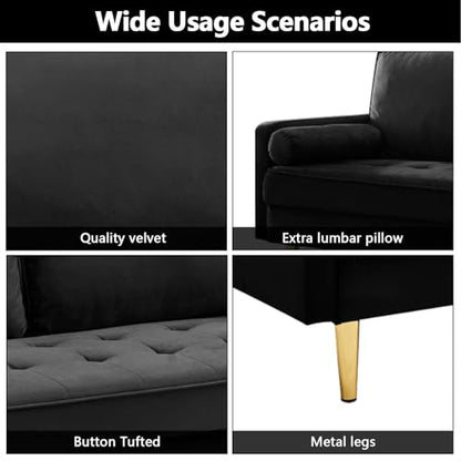 65" Love Seat Sofa, Velvet Small Sofa Small Couch for Bedroom Living Room, Bedroom, Loveseat with 2 Pillows, Gold Legs, Modern Tufted Seat Upholstered Seating for Office, Apartment (Black) - color: Black