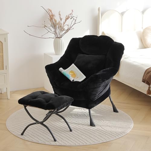 Lazy Chair with Ottoman, Plush Reading Chair with Pillow，Black | Removable machine-washable cover; includes an extra throw pillow; cozy accent chair for living room, bedroom, dorm or office - color: Plush Black-1