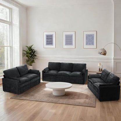 3 Pieces Chenille Sofa Set w/Two Arm Pillows, Black | Upholstered 2 Pieces Loveseat & 3-Seater Sofa w/Soft Cushions, Modern 2-Seat & 3-Seat w/High-Density Foam for Living Room - color: Black, size: 69" & 69" & 89" Sofa Set