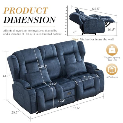 Loveseat Recliner Sofa,RV Wall Hugger Recliners with Flip-up Console,Reclining Loveseat Sofa Recliner with Cup Holders/Lumbar Pillows for Small Spaces,RV Furniture (Blue,68" 2-Seater) - color: Blue, size: 68" 2-Seater