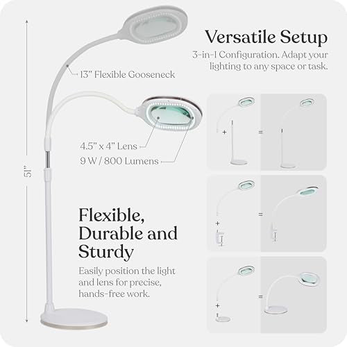 Brightech LightView Pro Magnifying LED Desk Lamp with Light, Hobbies & Reading, Flexibility & Durability Magnifying Floor Lamp, 3 in 1 LED Light Glass Magnifier, Work Light for Pro Uses - White - color: White