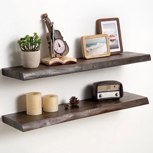 Fun Memories Solid Elm Wood Live Edge Floating Shelves for Wall, 32 x 8 Inch Rustic Wall Shelves Set of 2 with Invisible Brackets for Living Room Bedroom Kitchen, Walnut - color: Walnut Finish, size: 32", 2-Pack