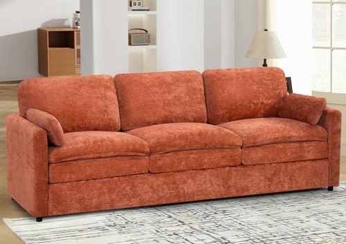 89" Chenille Modern Couch with Cozy & Soft Backrests, Orange | 3 Seats Sofa with 2 Extra Pillows, Comfy Upholstered Sofa with Thicker Cushions for Living Room, Office - color: Orange, size: Sofa