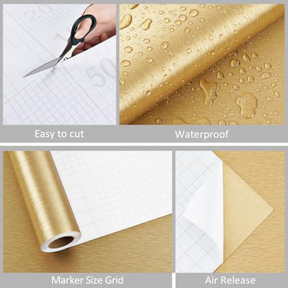 Stainless Steel Gold Contact Paper Removable Metal Gold Wallpaper | Peel and Stick Brushed Golden Contact Paper Stainless Steel Vinyl Fridge Wrap for Appliances Cabinets Countertops 15.8"x80" - color: Gold, size: 15.8" x 80"