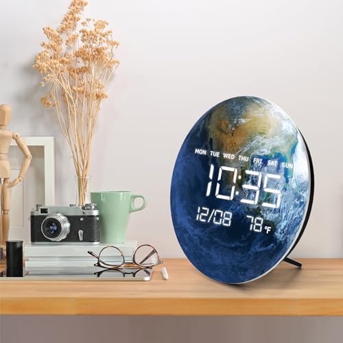 Digital Wall Clock, LED Moon/Earth Design, Temperature Display, 7.87 x 7.87 inches (Earth, 12.59 INCH) - color: Earth, size: 12.59 INCH