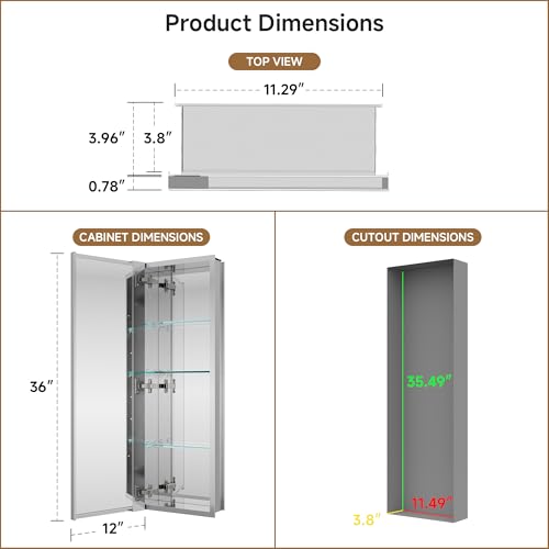 12" x 36" Bathroom Medicine Cabinet with Mirror, Recessed or Wall Mount | Medicine Cabinets with Adjustable Glass Shelves, Soft-Closed Hinge, Chrome Aluminum Frame, Reverse Installation - size: 12" x 36"