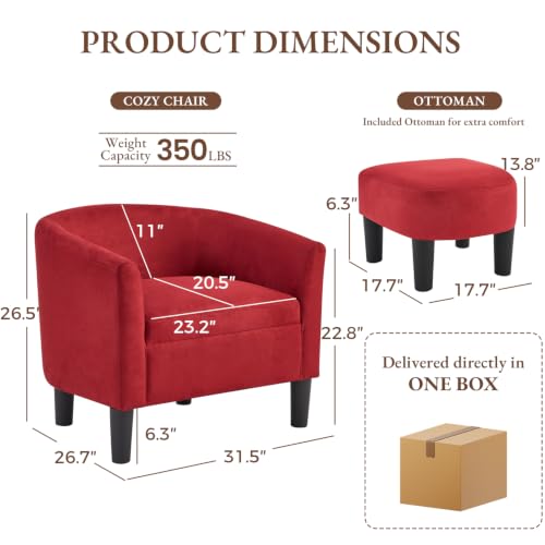 Oversized Accent Chair with Ottoman, 23.2" W Oversized Club Chair with Ottoman Set, Comfy Fabric Barrel Reading Chairs for Living Room Bedroom, Round Reading Chair with Foot Rest, Red - color: Red, size: Large