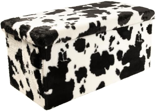 Luxe Faux Fur Storage Ottoman, Cowhide Black/White, 30 x 15 x 15 in | Engineered Wood, Tool-Free Assembly, Modern Style, Seat And Footrest - color: Cowhide Black/White, size: 30"D x 15"W x 15"H