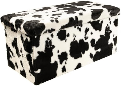 Luxe Faux Fur Storage Ottoman, Cowhide Black/White, 30 x 15 x 15 in | Engineered Wood, Tool-Free Assembly, Modern Style, Seat And Footrest - color: Cowhide Black/White, size: 30"D x 15"W x 15"H