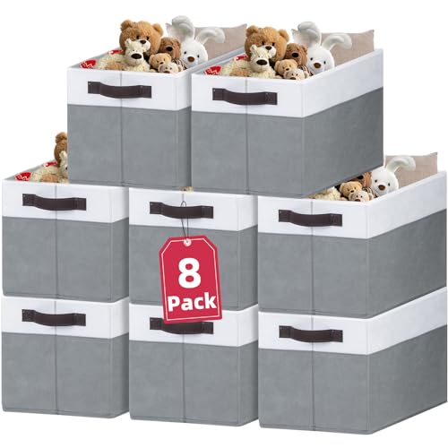 8 Pack Closet Organizers and Storage Bins - Extra Large Storage Baskets for Organizing - Clothes Storage Bins for Shelves -Foldable Organizer Bins Totes for Toy Blanket, Dorm Room Essentials - color: White with Grey, size: 8pcs - Rectangular 16"x12"
