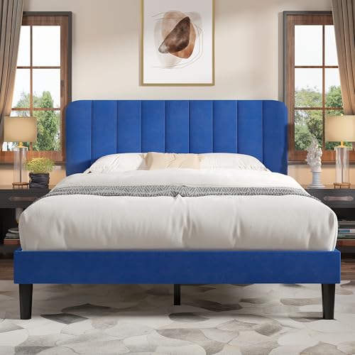 VECELO Queen Size Bed Frame with Upholstered Headboard, Velvet Platform Bedframe Mattress Foundation, Strong Wood Slat Support, No Box Spring Needed,Blue - color: Blue, size: Queen, style: Bed Frame