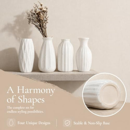 Set of 4 Small White Ceramic Vases Table Flower Vase Modern Decorative Vases for Pampas Grass, Small Vase for Home Living Room Dining Table Farmhouse Office Decor-4.9inch High