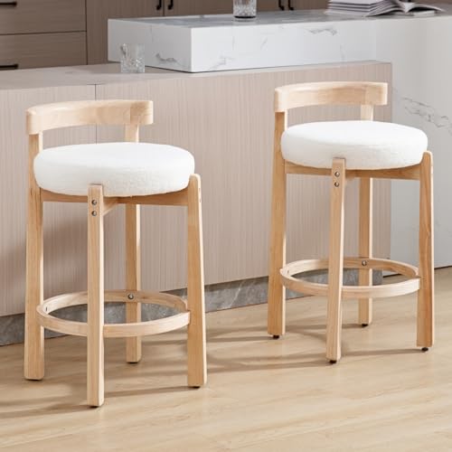 HEAH-YO Mid Century Modern Sherpa Bar Stools Set of 2, 26.5" Counter Stools with Back, Boucle Upholstered Barstools with Solid Wood Legs Bar Chairs for Kitchen Island Dining Room, White - color: 26.5" White Sherpa, size: Counter Height - Set of 2