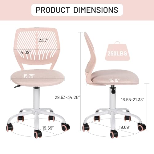 FurnitureR Pink Kids Desk Chair, Swivel Adjustable Study Chair with Fabric Cushion and Rolling Wheels, Armless Lightweight Task Chair for Cozy Study Rooms & Gifting - color: Pink